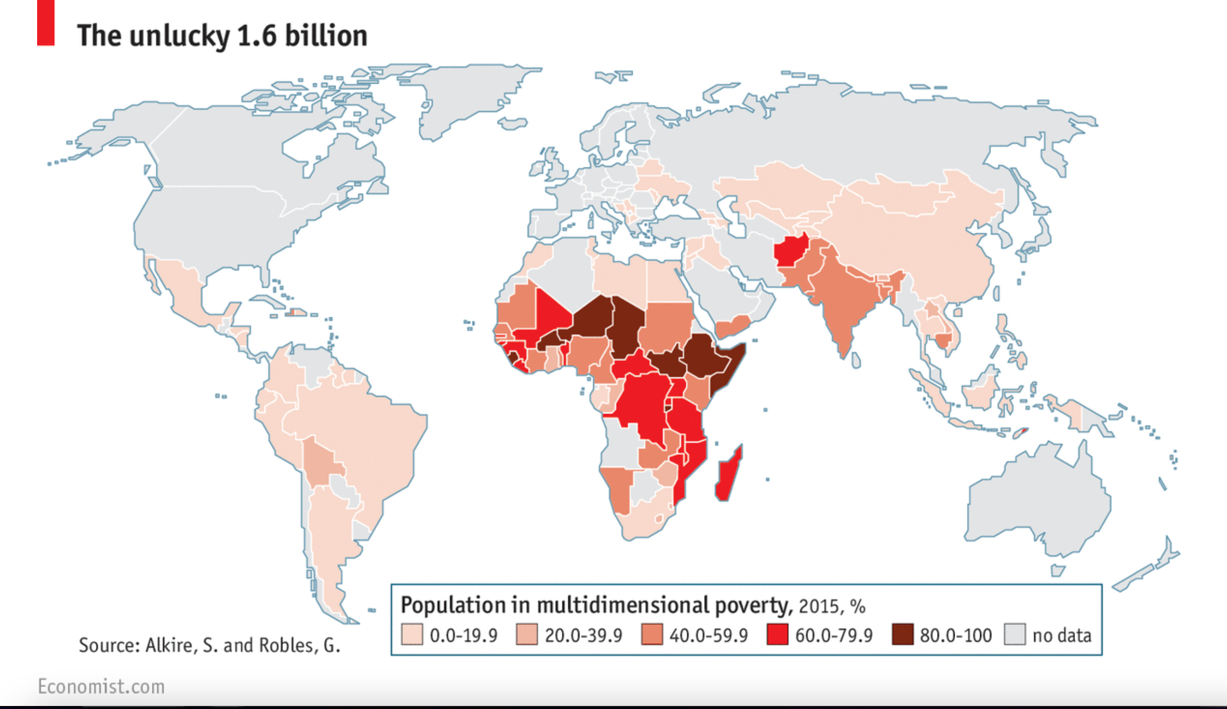 Map highlighting multidimensional poverty worldwide, described further below