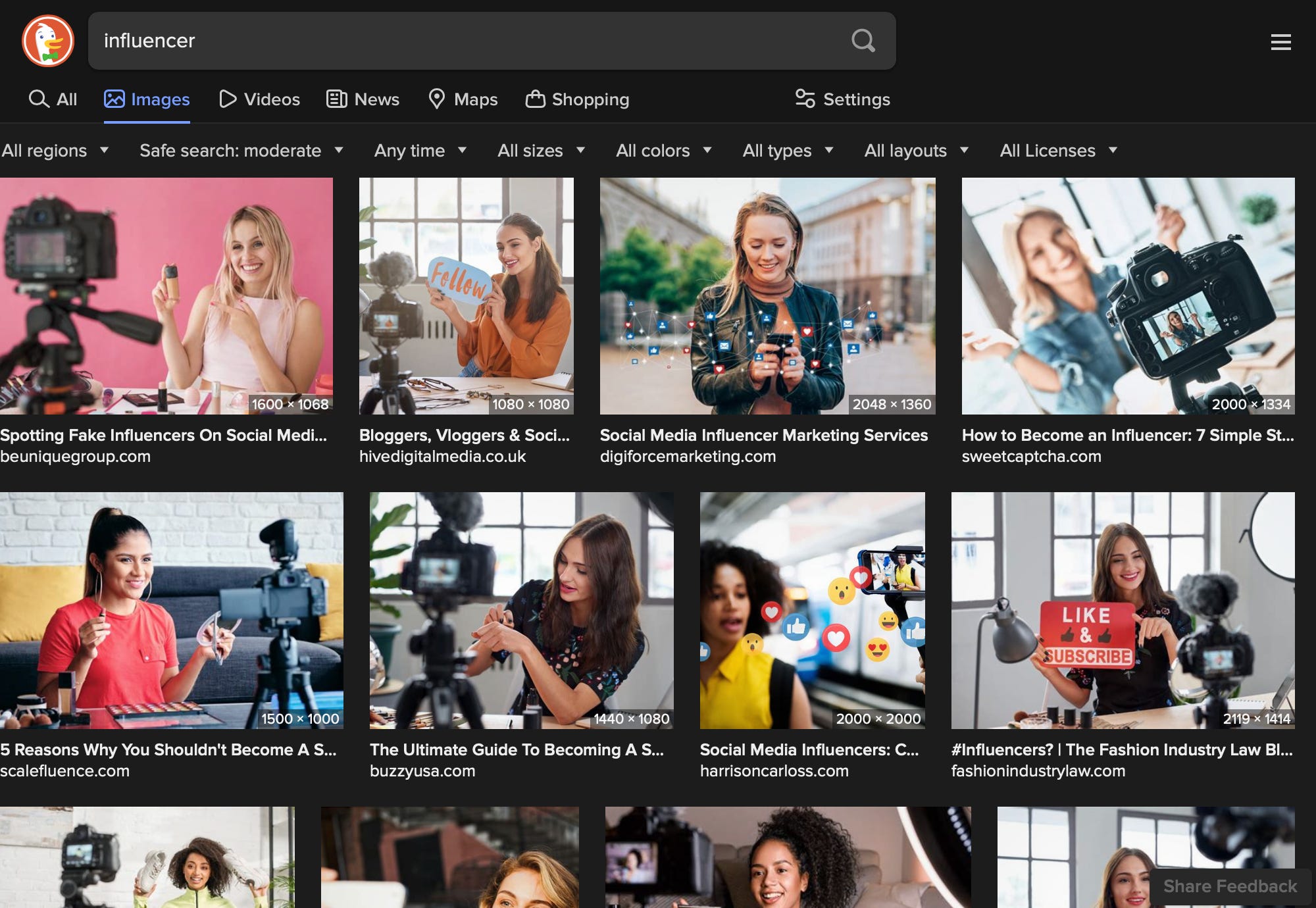 an image search for the word influencer conducted on Thursday, September 28 2023 via Duck Duck Go; the resulting search shows many white/white passing women smiling or posing in front of a camera, all in individual frames. three results yield pictures of one light-skinned, curly-haired Black women smiling in front of a camera. many of them hold up signs that say like, subscribe, or follow. many of search query results also feature women holding up a product in front of a camera.