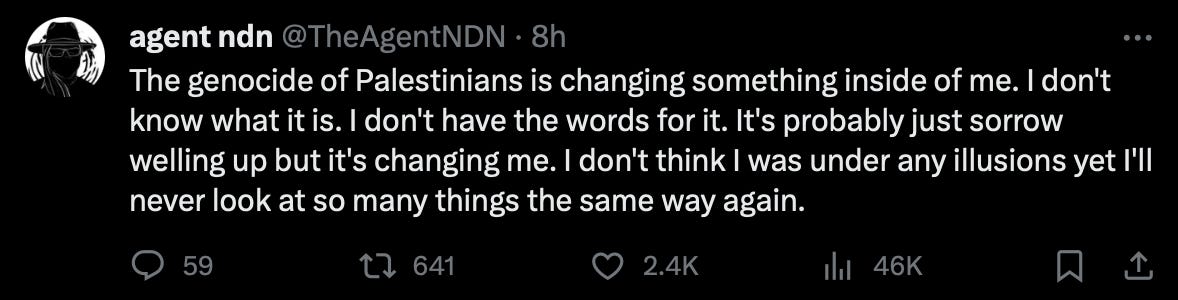 a tweet from @TheAgentNDN from December 7, 2023: the genocide of Palestinians is changing something inside of me. I don’t know what it is. I don’t have the words for it. It’s probably just sorrow welling up but it’s changing me. I don’t think I was under any illusions but I will never look at so many things the same way again.